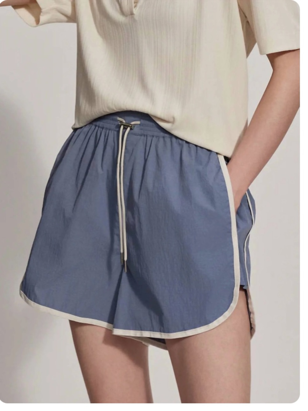Varley Harmon Stone Blue High-Rise Shorts with Cream Trim, small